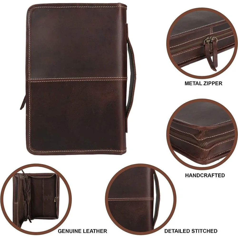 Leather Bible Cover w/ Handle‎ & Pocket – Small Book or Planner Holder Case